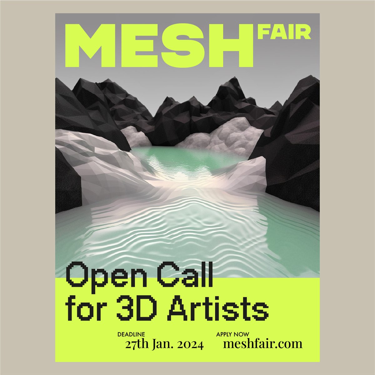 Just ONE DAY left to enter the #MESHfair Open Call for artists.

Entries close tomorrow at midnight UTC:
- Free to enter
- Quick - only portfolio required
- Selection by leading international curators
- $9000 prize pool
➡️Info &amp; enter meshfair.com #opencall #b3d