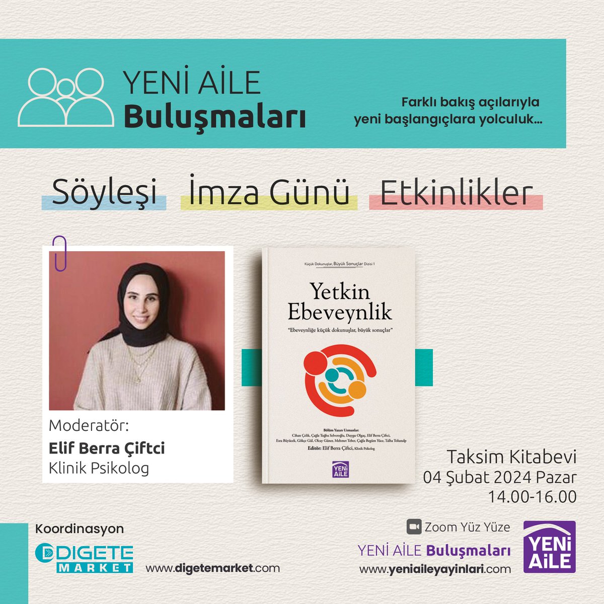 .<a href="/yeniaileyayin/">Yeni Aile Yayınları</a> tarafından yayınlanan ebeveynliğe küçük dokunuşlarla büyük sonuçlar ortaya çıkaran #YetkinEbeveynlik Kitabı'nın okurlarla buluşma etkinliğini #TaksimKitabevi'nde düzenliyoruz.
Davetlisiniz 💬📝📚
➡️ 4 Şubat Pazar - Saat: 14.00
📍#TaksimKitabevi - Beyoğlu