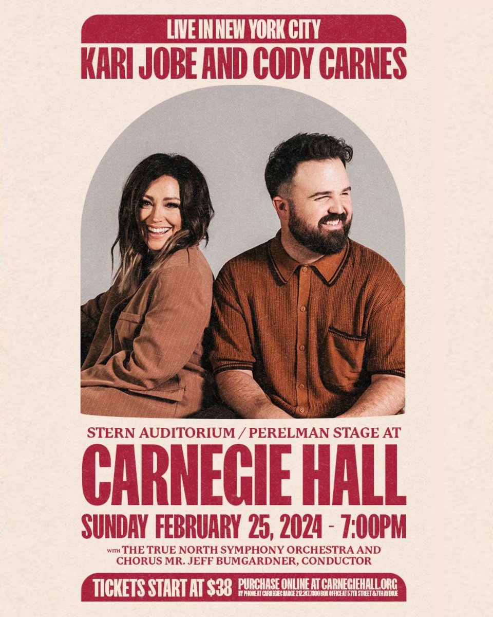 Don't miss Kari Jobe and Cody Carnes joined by the True North Orchestra at Carnegie Hall on February 25th where they will be performing some of their well-loved original songs LIVE! Get Your Tickets NOW: carnegiehall.org/Calendar/2024/…
