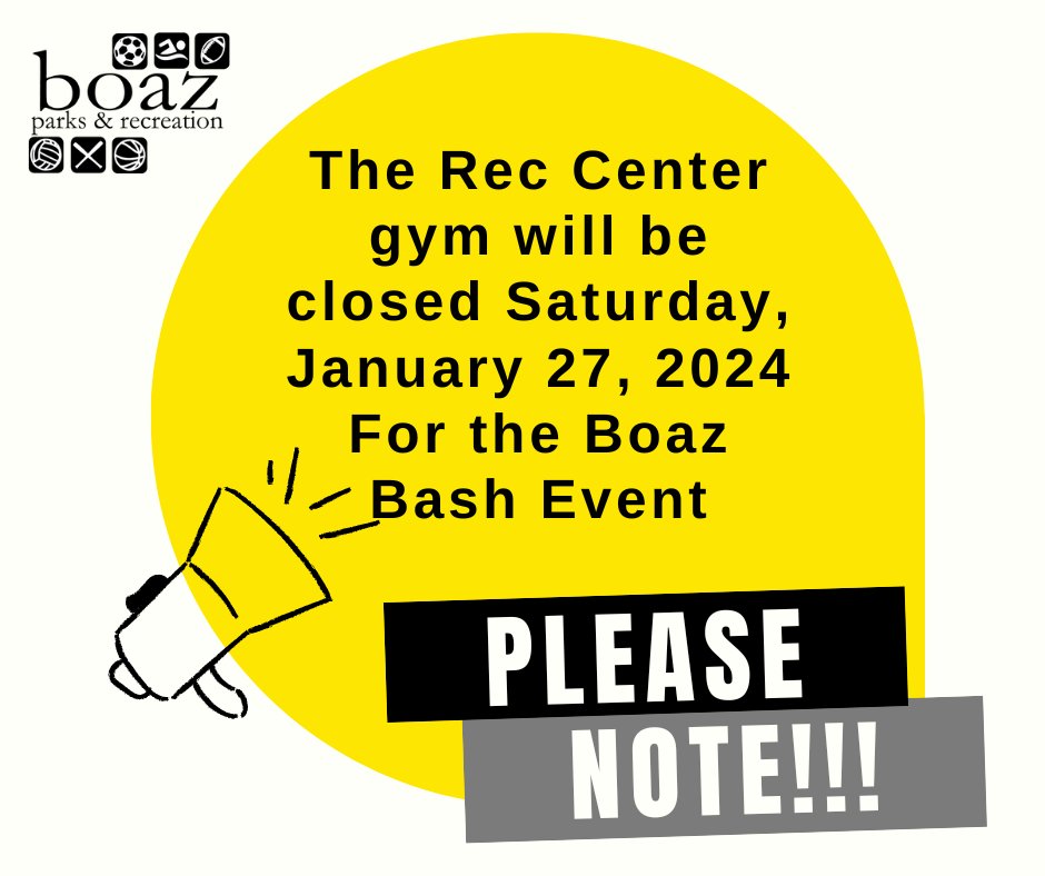 boazrec's tweet photo. The Boaz Bash to benefit the Boaz High School Track Team will be held at the Boaz Rec Center tomorrow, Saturday, January 27th. Because of this the basketball courts will be closed for free play all day on Saturday.

We apologize for any inconvenience. https://t.co/et6XQJCeHI