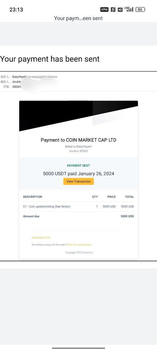 Babypepefi's tweet photo. Payment to CMC completed https://t.co/IghMEgcbAB