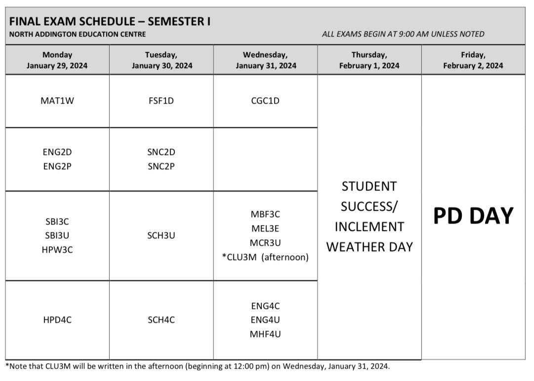 Please see the updated exam schedule with the new dates for exams.