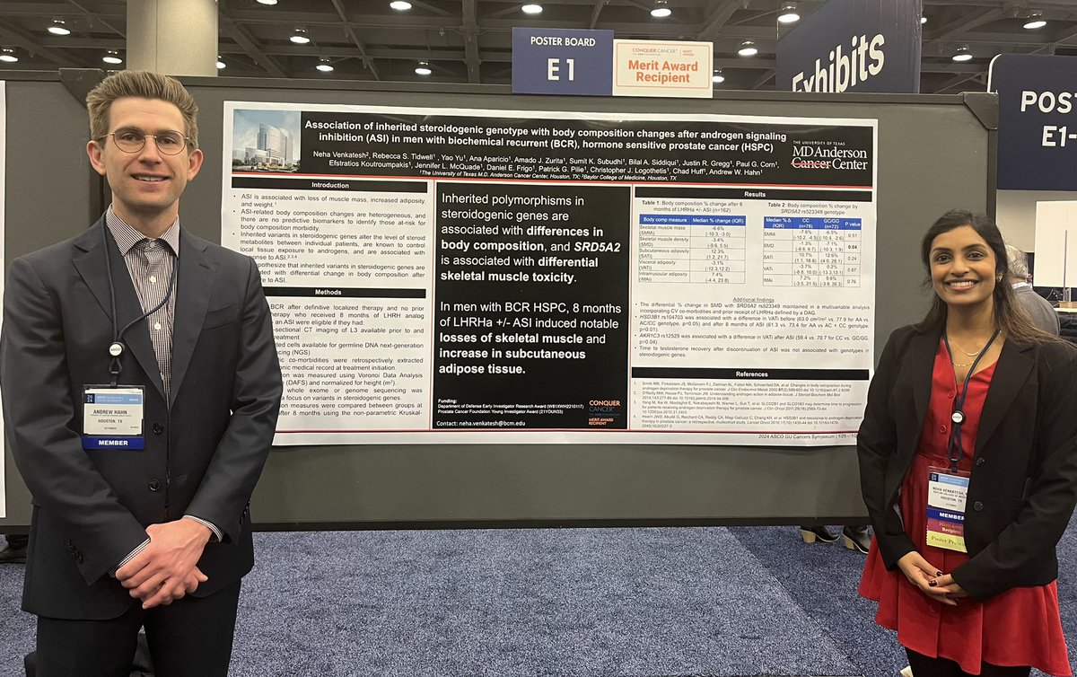 Dr. Neha Venkatesh @BCM_InternalMed presented our work on the change in body composition with ADT +/- ASI for PCa. 7% muscle loss, 12% subQ fat gain in 8m. A SNP in SRD5A2 associated with differential muscle loss. Neha is a rising star who received a @ConquerCancerFd Merit award!