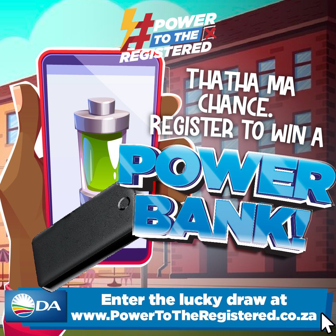 🔋 Register online today and stand a chance to be one of our lucky winners. We have power banks, mini dual DC UPS’, inverters & portable power stations up for grabs. 

Visit PowerToTheRegistered.co.za to enter. 

#PowerToTheRegistered 
#RegisterToVoteDA