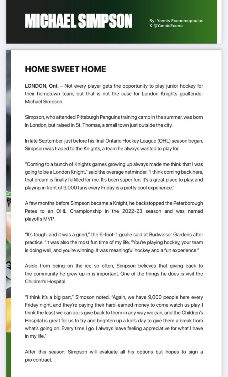 YannisEcono's tweet photo. I had the opportunity to speak with Sam Dickinson and Michael Simpson of the @LondonKnights. 

Dickinson is projected as a top-10 selection in the upcoming #NHLDraft, while Simpson, in his final junior campaign, leads the @OHLHockey in wins.

Awesome individuals!
Read below ⬇️ https://t.co/l5a7vlFObj