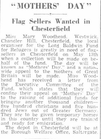 From the @D_Times in 1939. My Gt Aunt Mary was fundraising in #Chesterfield for the ‘Lord Baldwin Fund for Refugees’. The fund helped support the Kindertransport to the U.K. @KTAKinder @KT_memorial