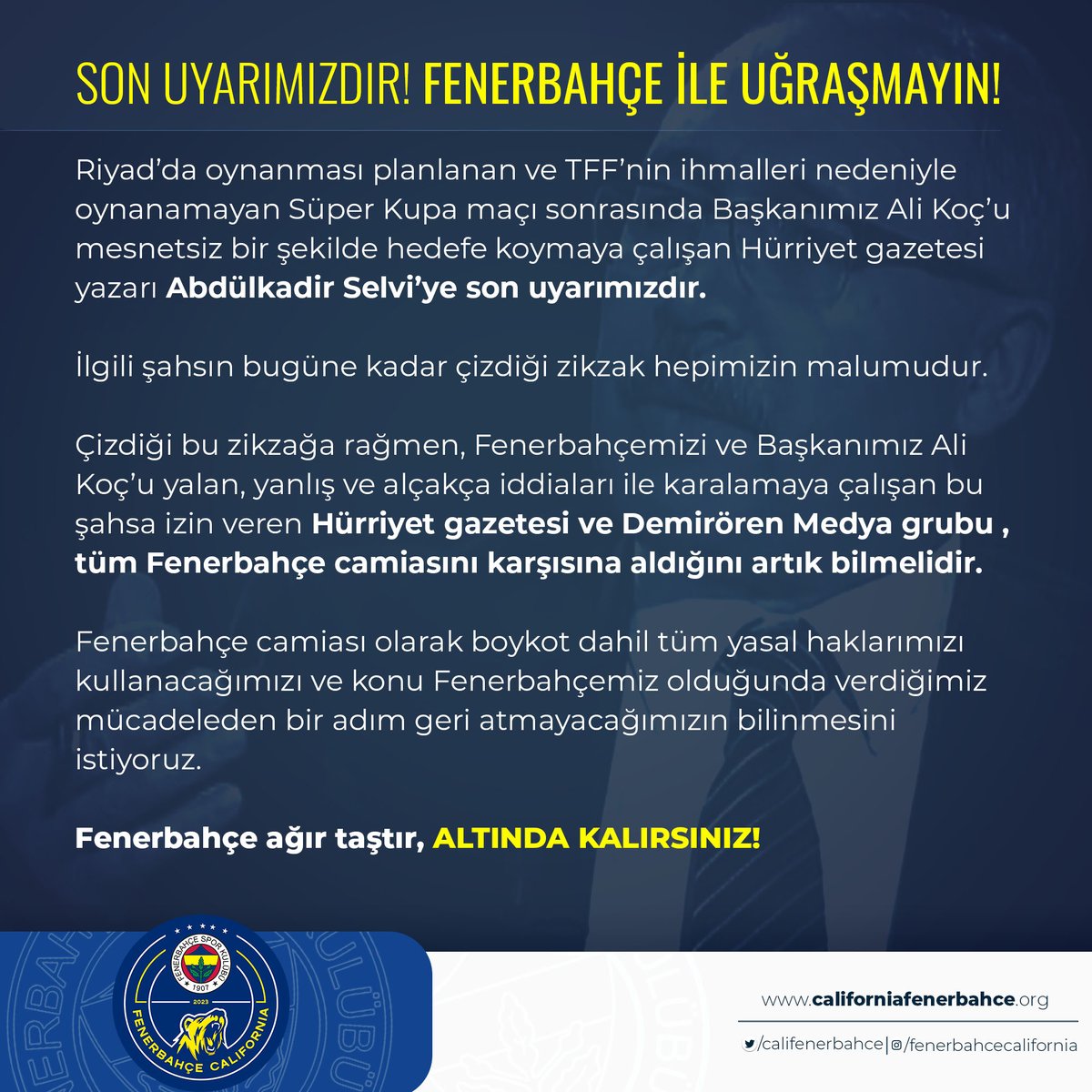 Son Uyarımızdır! FENERBAHÇE İLE UĞRAŞMAYIN! <a href="/abdulkdir_selvi/">abdulkadir selvi</a> <a href="/Hurriyet/">Hürriyet.com.tr</a>