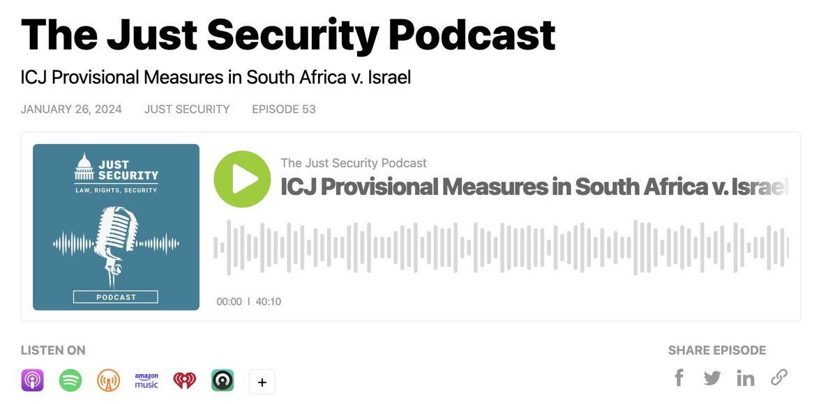 The conversation I've been waiting for. With: @yuvalshany1 @AdHaque110 @oonahathaway Their Topic: The #ICJ judgment in South Africa’s genocide case against Israel. On the @just_security podcast with @pshah518 👇 link: buzzsprout.com/2074610/143851…