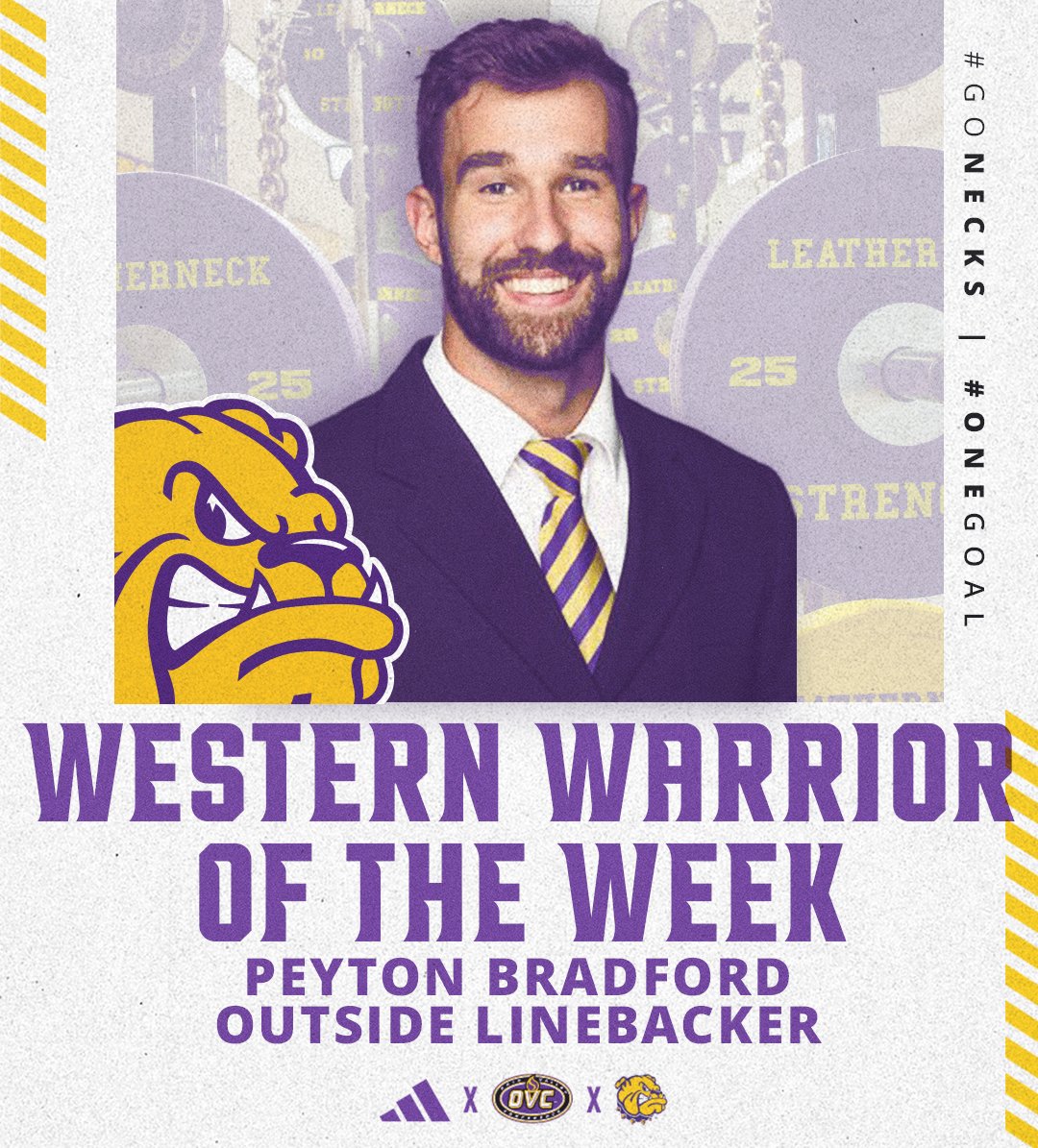 WIUFootball's tweet image. Western Warrior of the Week is @PeytonBradford4 ! 

Train with Saturdays in mind 🟣🟡 #ECI

#GoNecks | #OneGoal