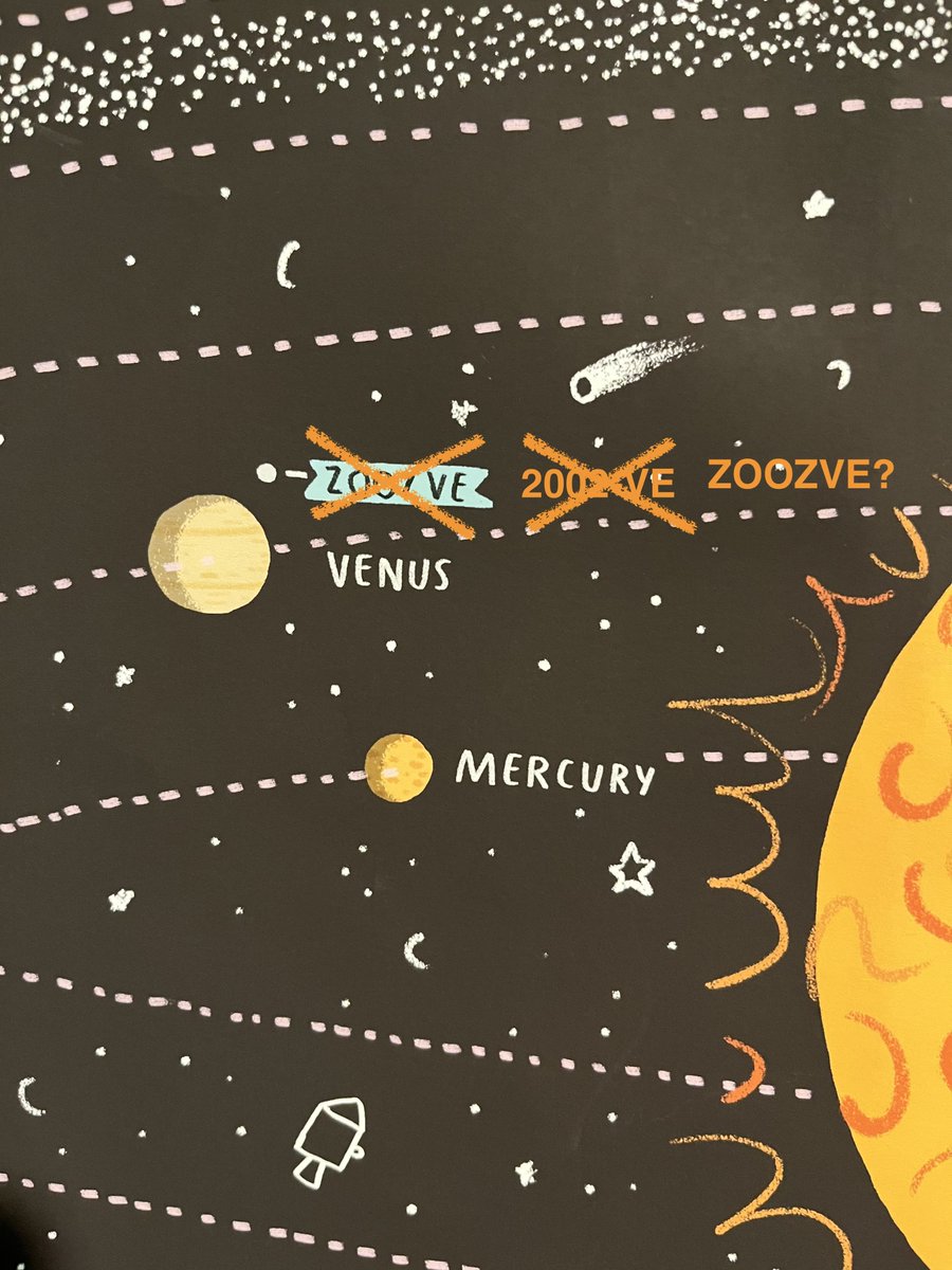 Close up of Zoozve on the poster, crossed out and replaced with 2002VE, which in turn is crossed out and replaced with ZOOVE again