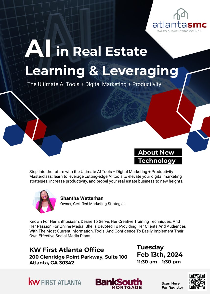 AtlantaSMC's tweet photo. Don’t forget to sign up for AI in Real Estate Learning &amp; Leverage Event! @shanthawetterhan with @kwfirstatlanta will be speaking on this and we can’t wait to be apart of it. Register today! https://t.co/7R1fgZBy9M