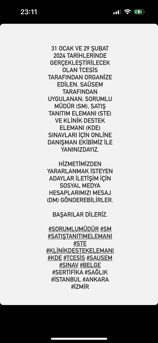 31 OCAK VE 29 ŞUBAT 2024 TARİHLERİNDE GERÇEKLEŞTİRİLECEK OLAN TCESİS TARAFINDAN ORGANİZE EDİLEN, SAÜSEM TARAFINDAN UYGULANAN; SORUMLU MÜDÜR, SATIŞ TANITIM ELEMANI VE KLİNİK DESTEK ELEMANI SINAVLARI İÇİN ONLİNE DANIŞMAN EKİBİMİZ İLE YANINIZDAYIZ.

#SM #STE #KDE #SERTİFİKA