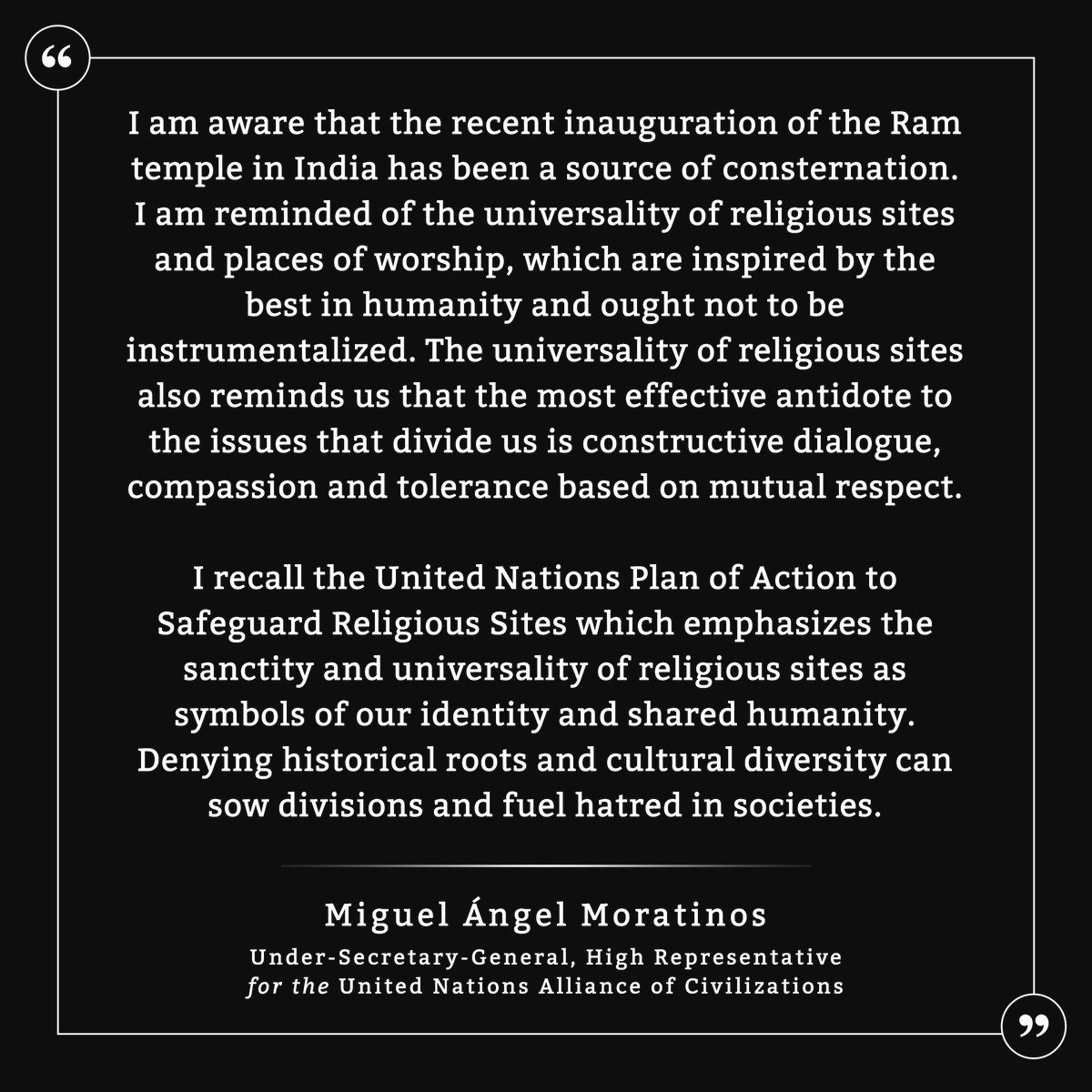 MiguelMoratinos's tweet photo. I am aware that the recent inauguration of the Ram temple in India has been a source of consternation. I'm reminded of the universality of religious sites and places of worship, which are inspired by the best in humanity and ought not to be instrumentalized. (1/3) #forSafeWorship https://t.co/74CZYYYYWf