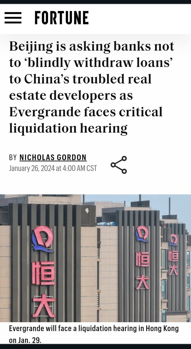 CHINA IS DESPERATELY PROPPING UP THEIR MARKETS AND BEGGING BANKS TO CONTINUE TO LEND TO OVERLEVERAGED REAL ESTATE DEVELOPERS. 

EVERGRANDE FACES LIQUIDATION THIS MONDAY JAN 29TH IN BANKRUPTCY COURT. 

#SYSTEMICRISK
