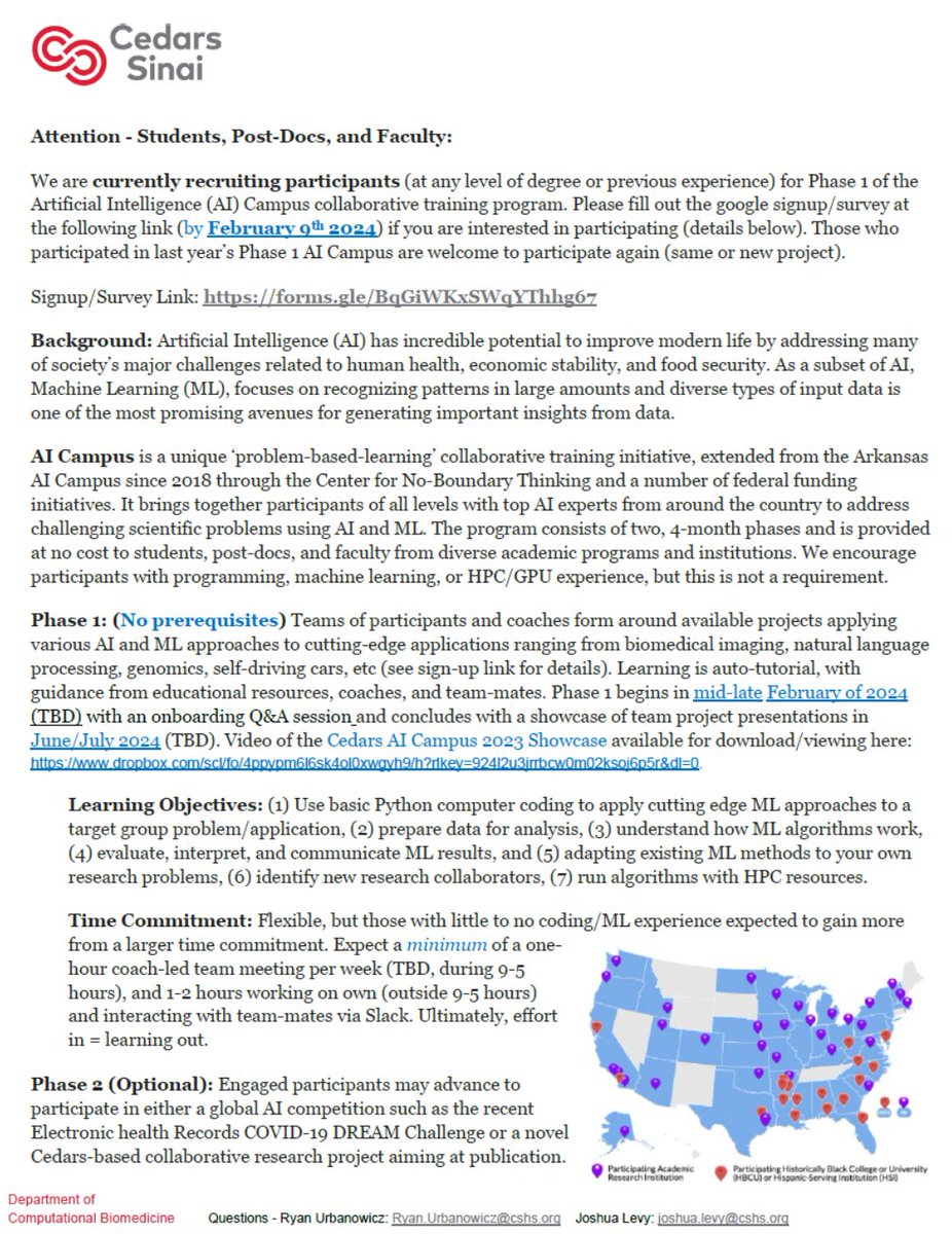 Ryan Urbanowicz, PhD (@docurbs) on Twitter photo Register by Feb 9th - for AI Campus Spring 2024 at Cedars Sinai.
Currently open to staff, students, post-docs, and faculty working at Cedars Sinai <a href="/CedarsSinaiMed/">Cedars-Sinai Academic Medicine</a>.
#MachineLearning #ArtificialIntelligence #DataScience #Biomedicine #research Register by Feb 9th - for AI Campus Spring 2024 at Cedars Sinai.
Currently open to staff, students, post-docs, and faculty working at Cedars Sinai <a href="/CedarsSinaiMed/">Cedars-Sinai Academic Medicine</a>.
#MachineLearning #ArtificialIntelligence #DataScience #Biomedicine #research