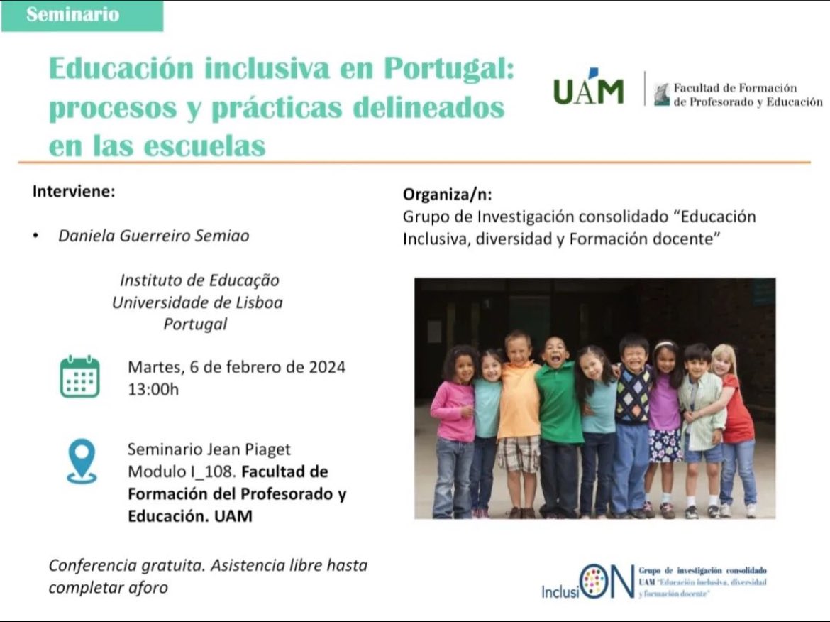 Estás invitado/a el martes 6 de febrero a las 13:00 al Seminario “Educación inclusiva en Portugal: procesos y prácticas delineados en las escuelas” por Daniela Guerreiro

📍Seminario Jean Piaget, Módulo I_108 en <a href="/FaculEDUAM/">FACULTAD DE FORMACIÓN DEL PROFESORADO Y EDUCACIÓN</a> <a href="/UAM_Madrid/">UAM Autónoma Madrid</a>