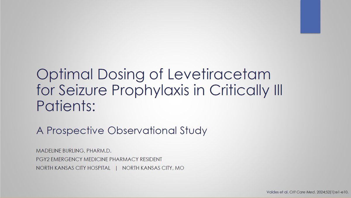 Next up, Madeline Burling from North Kansas City Hospital on Optimal Dosing of Levetiracetam for Seizure Prophylaxis in Critically Ill Patients, recently published in <a href="/CritCareMed/">Critical Care Medicine</a> 

<a href="/neurocritical/">Neurocritical Care Society</a> <a href="/AbdallaTweet/">AbdallaAmmar</a> #NCSPharmJC