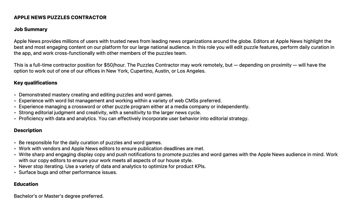 🚨Puzzle job!🚨 @AppleNews is looking for a Puzzles Contractor to join our exciting work. Application link below; share far and wide! careers.journalists.org/jobs/19680740