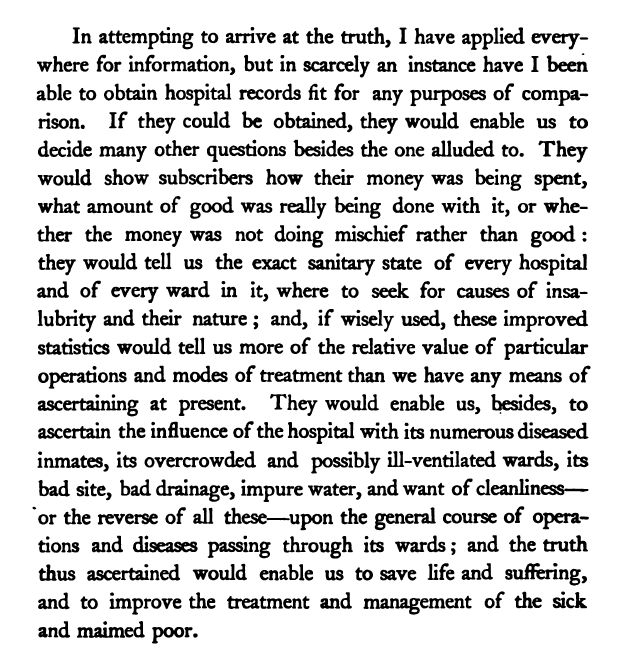 An evidently frustrated Florence Nightingale pleading for data that 'would tell us more of the relative value of particular operations and modes of treatment than we have any means of ascertaining at present.' (Notes on Hospitals, 1863)