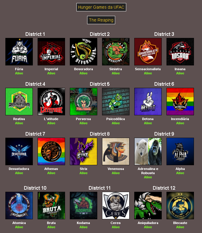 BATTLE ROYALE DE ATLÉTICAS

Coloquei todas as 25 atléticas em um SIMULADOR DE JOGOS VORAZES (sem perder a amizade)

Todo dia irei atualizar sobre o que ocorreu com cada um deles durante um dia dentro da Arena

Começa a partir de amanhã. Que a sorte esteja sempre ao seu favor!