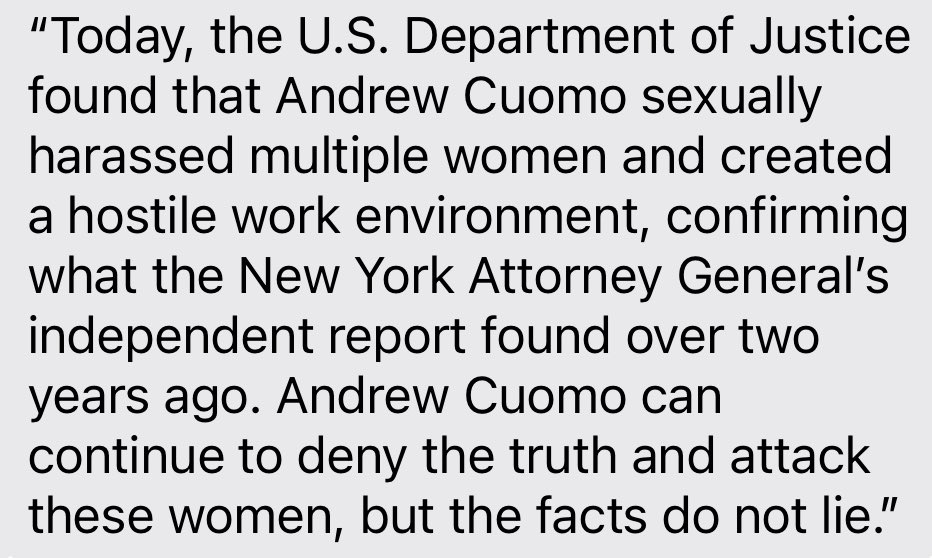 A spokesperson for the NYS Attorney General @TishJames responds to DOJ Cuomo investigation: 'Andrew Cuomo can continue to deny the truth and attack these women, but the facts do not lie.'