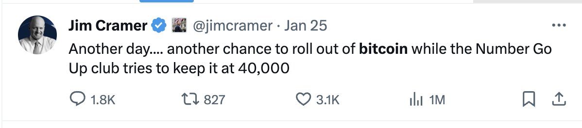 JUST IN: #Bitcoin is up over 5% since Jim Cramer was bearish on it yesterday 🚀