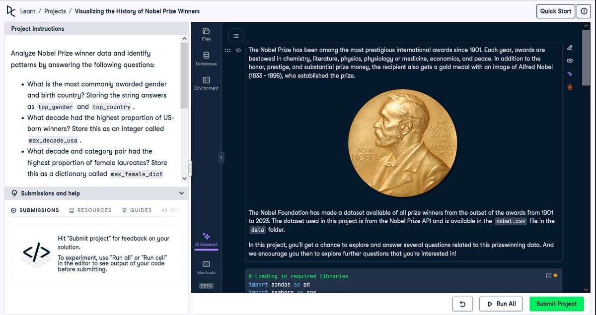IgbokeHannah's tweet photo. Day 86✍️
Project in progress...
Visualizing the History of Noble Prize winners on @Datacamp workspace.
#Pythonista
#consistencyprojectwithWiDA https://t.co/fvltnlDQb6