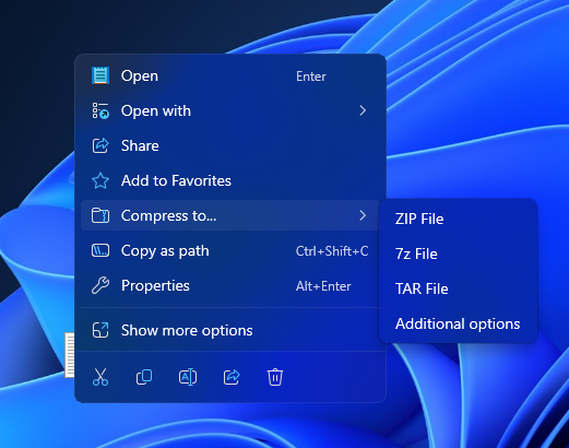 phantomofearth's tweet image. Screenshot of the new compression wizard in build 26040 mentioned in the blog post, accessed through a new Additional options entry in the &quot;Compress to...&quot; list.