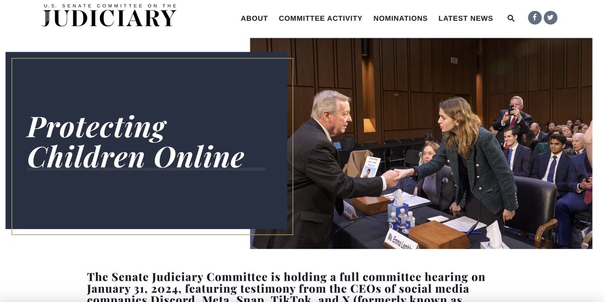 Our very own @EmmaLembke is the face of the Senate Judiciary website! Last year, she made history when she testified as a young person in front of the committee, urging them to take action to protect kids online.