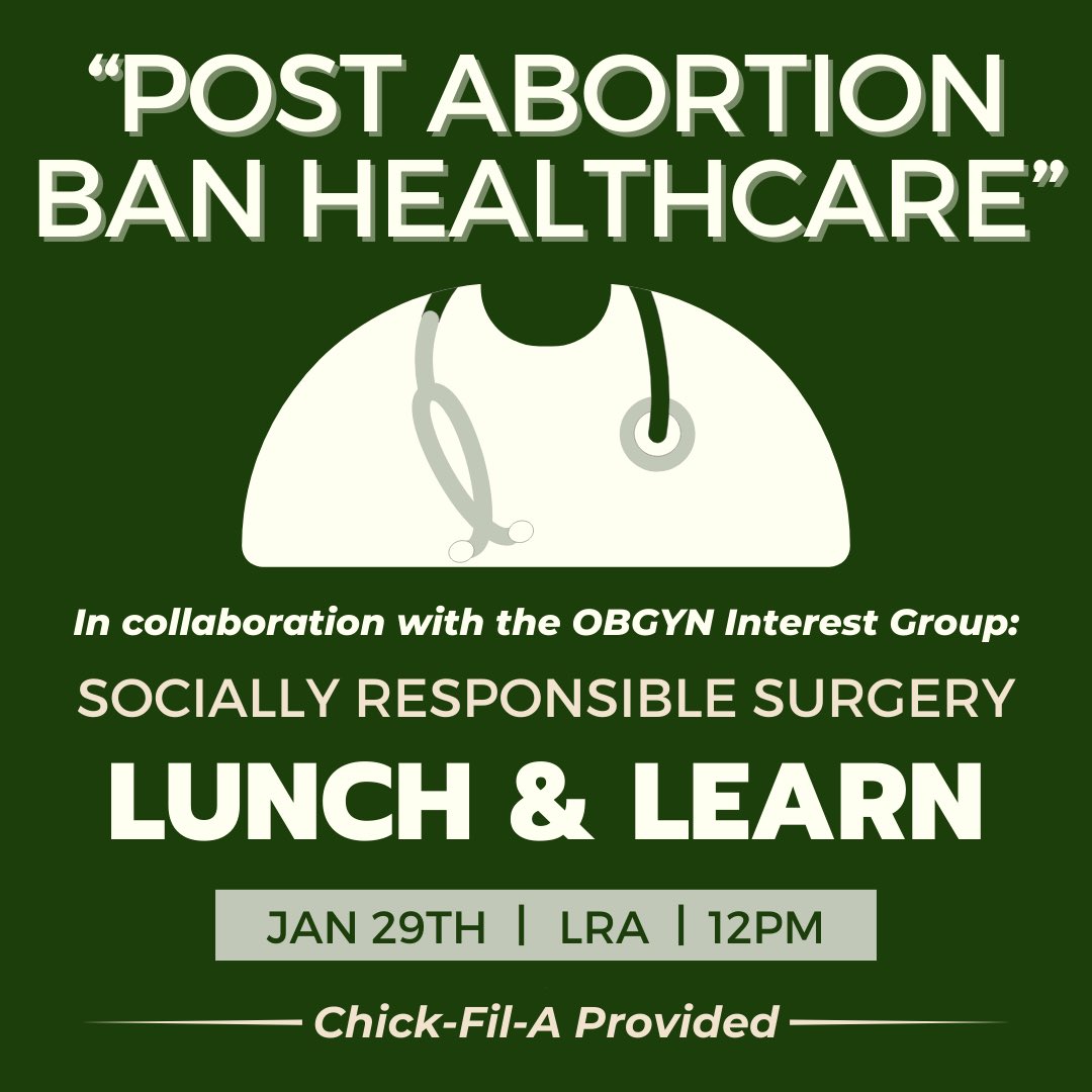 Up next in our Ethics Lunch &amp; Learn Series, we are partnering with the OBGYN IG to host an ethics panel on “Post Abortion Ban Healthcare.” 

Join us in LRA on Jan 29th at 12pm! 
Chick-Fil-A will be provided 🤗