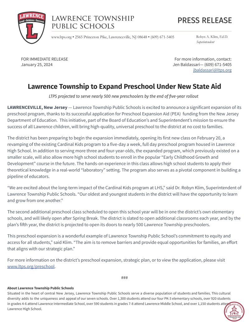Lawrence Township Public Schools (@ltps1) on Twitter photo We are so excited to announce our district's preschool expansion, thanks to the <a href="/NewJerseyDOE/">New Jersey Department of Education</a> PEA funding!🎉 <a href="/GovMurphy/">Governor Phil Murphy</a> <a href="/NJSenTurner/">Sen. Shirley Turner</a> <a href="/ASWReyJackson/">Verlina Reynolds-Jackson</a> <a href="/News12NJ/">News12NJ</a> <a href="/Trentonian/">The Trentonian</a> <a href="/ROINJNews/">ROI-NJ</a> <a href="/NJBIZ/">NJBIZ</a> <a href="/njdotcom/">njdotcom</a> #GoodNewsInNJSchools <a href="/robyn_klim/">Robyn A. Klim, Ed.D., LCSW #LTPSThisIsUs</a>
ltps.org/preschool We are so excited to announce our district's preschool expansion, thanks to the <a href="/NewJerseyDOE/">New Jersey Department of Education</a> PEA funding!🎉 <a href="/GovMurphy/">Governor Phil Murphy</a> <a href="/NJSenTurner/">Sen. Shirley Turner</a> <a href="/ASWReyJackson/">Verlina Reynolds-Jackson</a> <a href="/News12NJ/">News12NJ</a> <a href="/Trentonian/">The Trentonian</a> <a href="/ROINJNews/">ROI-NJ</a> <a href="/NJBIZ/">NJBIZ</a> <a href="/njdotcom/">njdotcom</a> #GoodNewsInNJSchools <a href="/robyn_klim/">Robyn A. Klim, Ed.D., LCSW #LTPSThisIsUs</a>
ltps.org/preschool