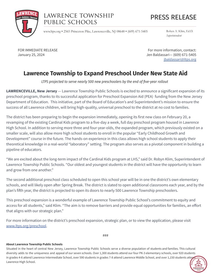 We are so excited to announce our district's preschool expansion, thanks to the @NewJerseyDOE PEA funding!🎉 @GovMurphy @NJSenTurner @ASWReyJackson @News12NJ @Trentonian @ROINJNews @NJBIZ @njdotcom #GoodNewsInNJSchools @robyn_klim ltps.org/preschool