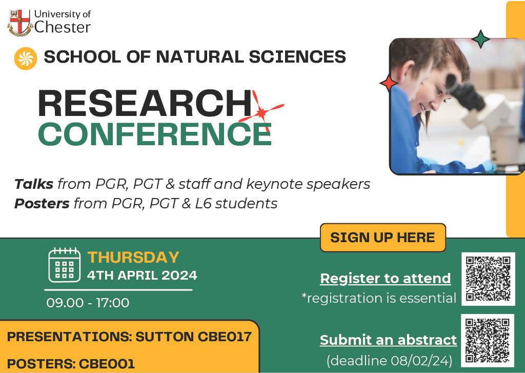 Calling all staff and students at UoC's School of Natural Sciences and those in natural sciences-related fields! Call for abstracts now open for our Research Conference! All postgrads, staff and level 6 students are welcomed to submit abstracts (deadline 8th Feb)