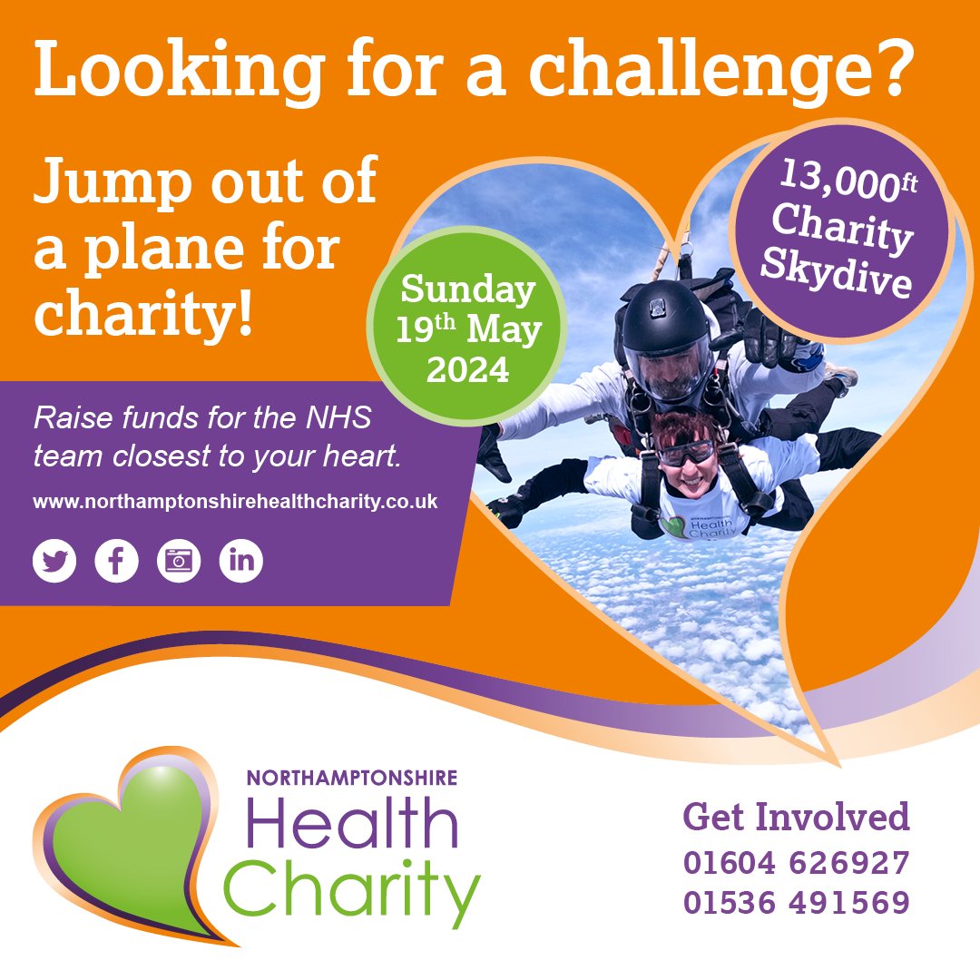 🌟✈️ Ready to Soar for a Cause! Annual Skydive 2024 ✈️🌟 Get your adrenaline pumping and join us for an unforgettable experience as we launch the Northamptonshire Health Charity's Annual Skydive on May 19, 2024! 🎉💙 northamptonshirehealthcharity.co.uk/events/charity…