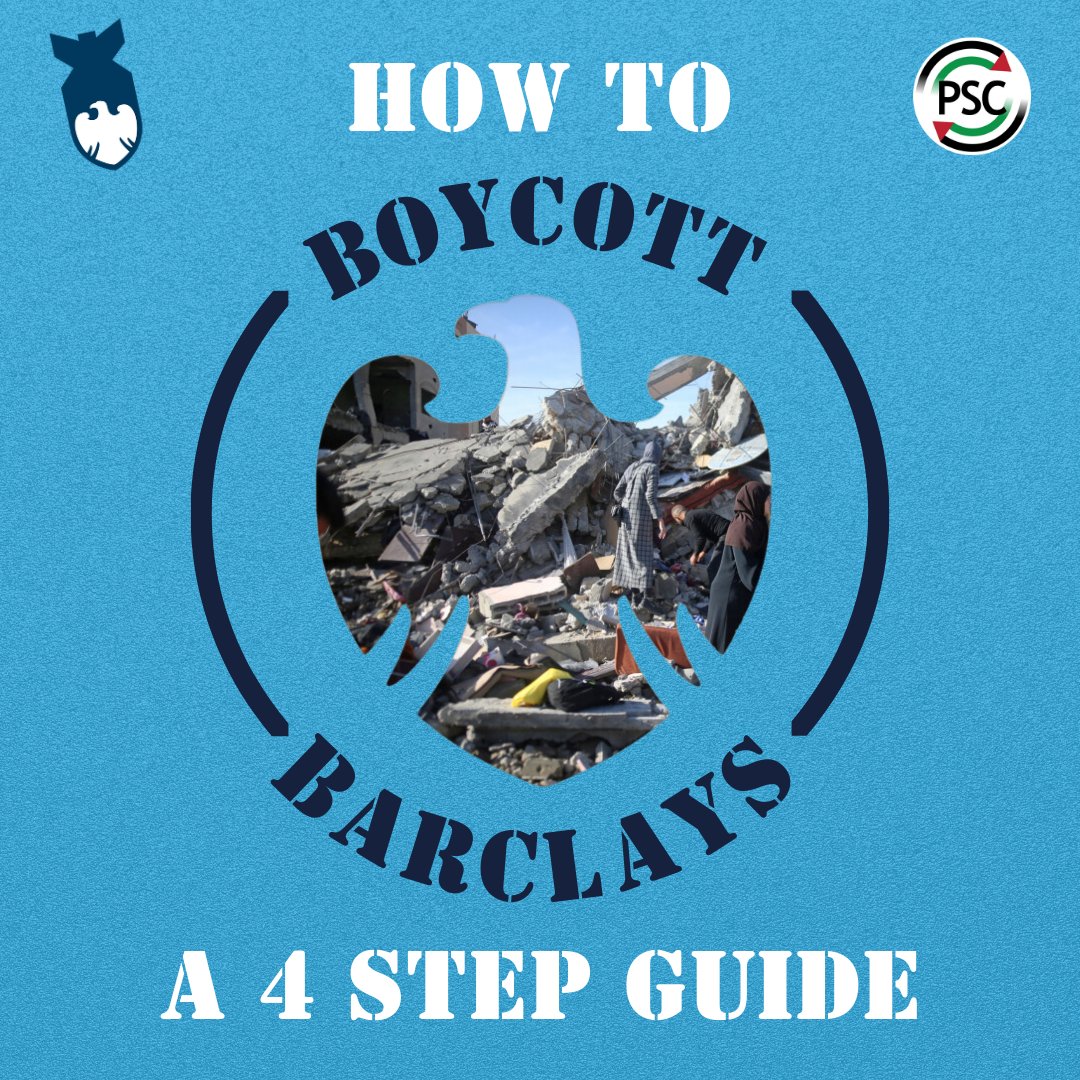 🚨How to Boycott Barclays - a 4 Step guide 🇵🇸 Barclays is bankrolling Israel’s genocidal assault on Palestinians through its financial ties with arms companies that sell weapons to Israel. Here's a quick 4 step guide to how to #BoycottBarclays (thread)