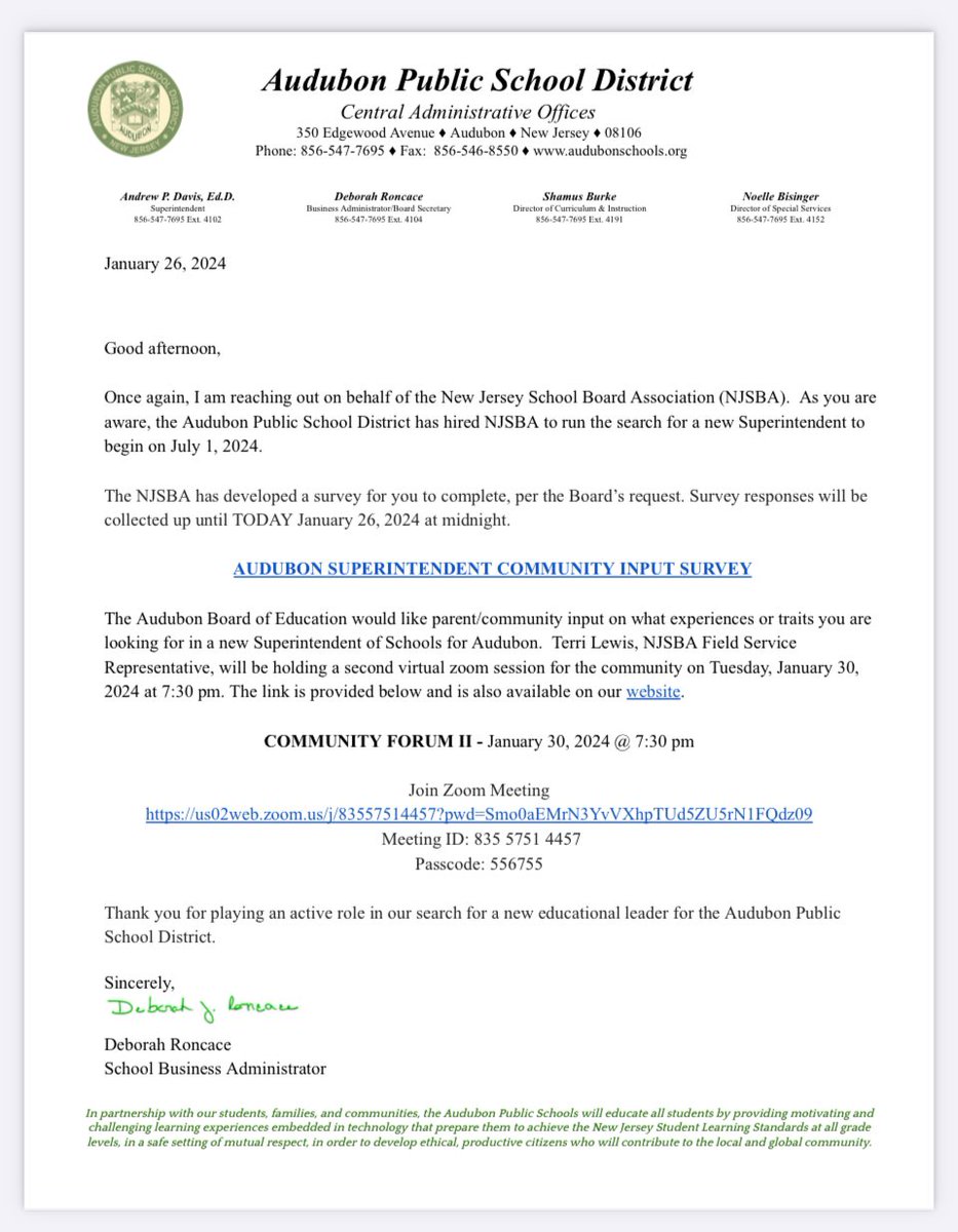 Audubon School Community, please see the message below or access our website to provide your input in the Superintendent search process.
