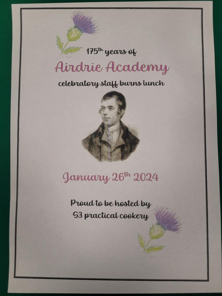 AirdrieAcademy's tweet photo. Thanks, and well done to all pupils and staff who produced a wonderful Bill O' Fare for today's Burns Supper this afternoon. 
A lovely way to begin our 175th celebrations. Thanks to Calum for piping in the Haggis.
#ambition #determination #respect #teamwork #175th https://t.co/Z5cLUi5GRz