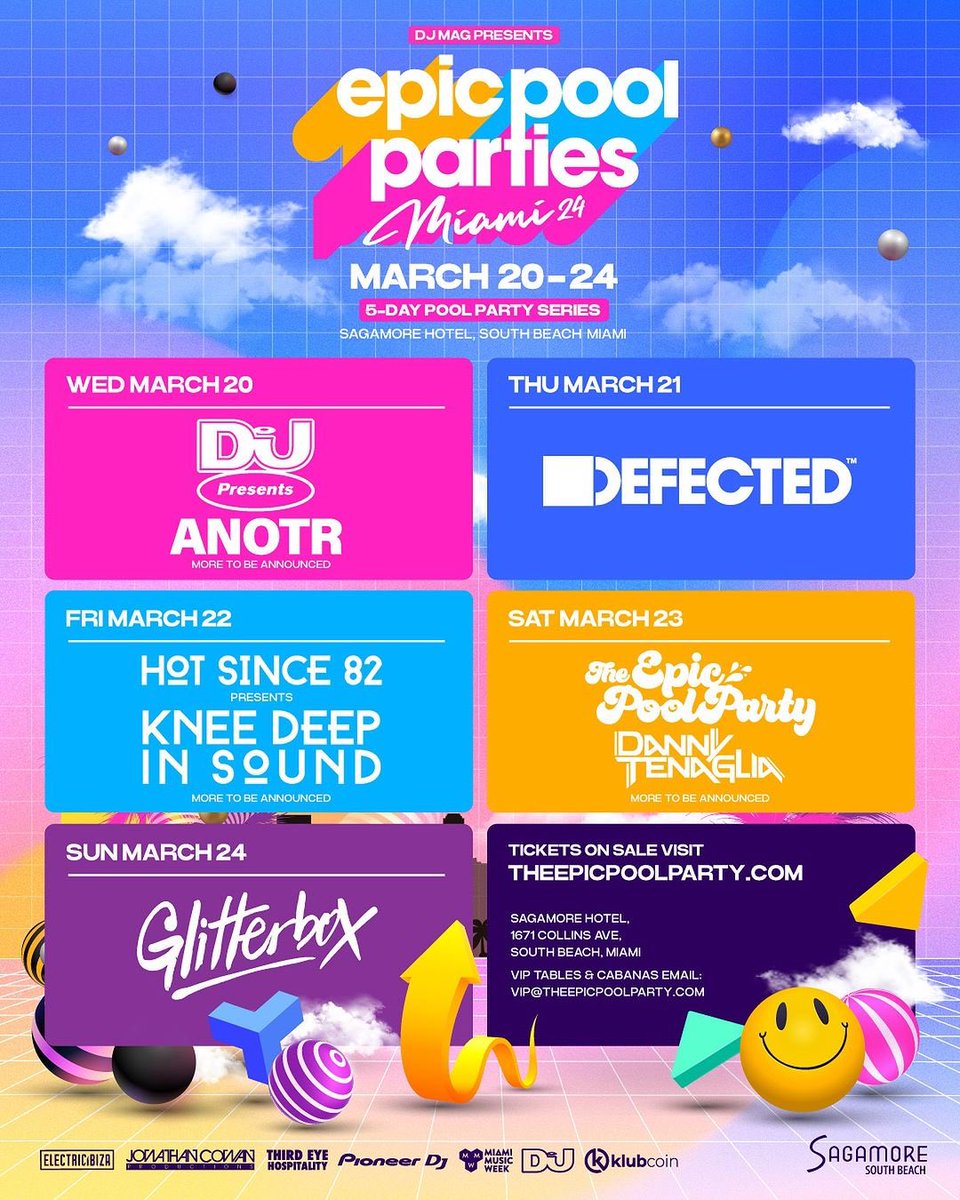 We are proud to present Epic Pool Parties 5 day program at @MiamiMusicWeek 2024 🌴☀

This year there are five chances to make unforgettable and sun kissed musical memories from March 20th - 24th 2024 with world renowned brands @DJmag  who bring @ANOTR music, @KneeDeepInSound…