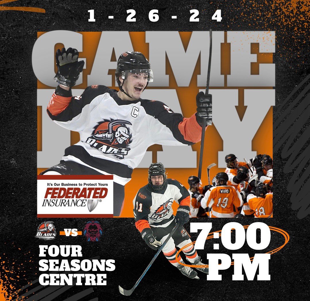 Blades Game Day, @federatedins Edition: 
🆚 @mnsquatchhockey 
📍 Four Seasons Centre
🕛 7:00pm
🎟️ $5 General Admission, $20 for a Family of 4+
📺@FloHockey