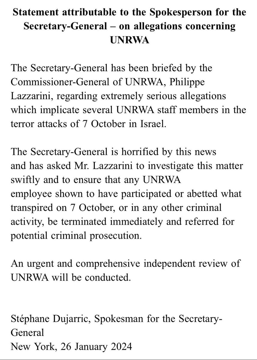 grielpapa's tweet photo. Grave
Comunicado Secrt Gral Guterres informa de grave acusación de involucramiento de funcionarios de UNRWA - agencia ONU para refugiados palestinos - en ataque terrorista 7/10.
Exige investigación a Comisionado, con proceso criminal si corresponde , y anuncia investigación indep https://t.co/VEQvIHkSZ9