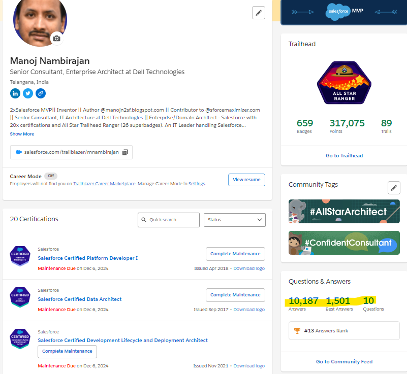 Glad to share that i have reached 1500 BEST ANSWER milestone in Trailhead Answer community. My sincere thanks to all trailblazers who have upvoted. 🙂

#Salesforce #Trailblazer #Trailblazercommunity <a href="/bhavin207/">Bhavin Patel</a>