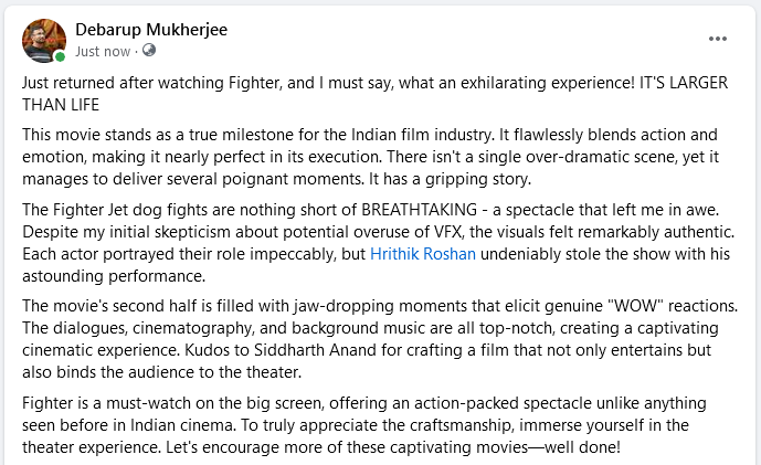 DebrupRocks's tweet photo. Just returned after watching Fighter, and I must say, what an exhilarating experience! IT'S LARGER THAN LIFE #Fighter #FighterReview #HrithikRoshan @justSidAnand @iHrithik https://t.co/VhRa6eFHmz
