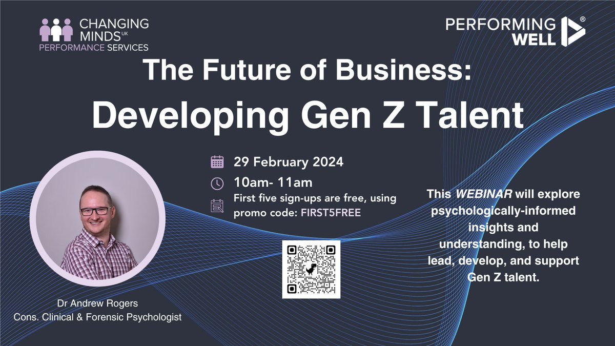 In this webinar, Andrew Rogers will explore psychologically informed insights and understanding to help lead, develop and support Gen Z talent.

10am-11am on 29 February 2024

Sign up here: store.performingwell.com/the-future-of-…

Voucher Codes: First five sign ups are free using FIRST5FREE