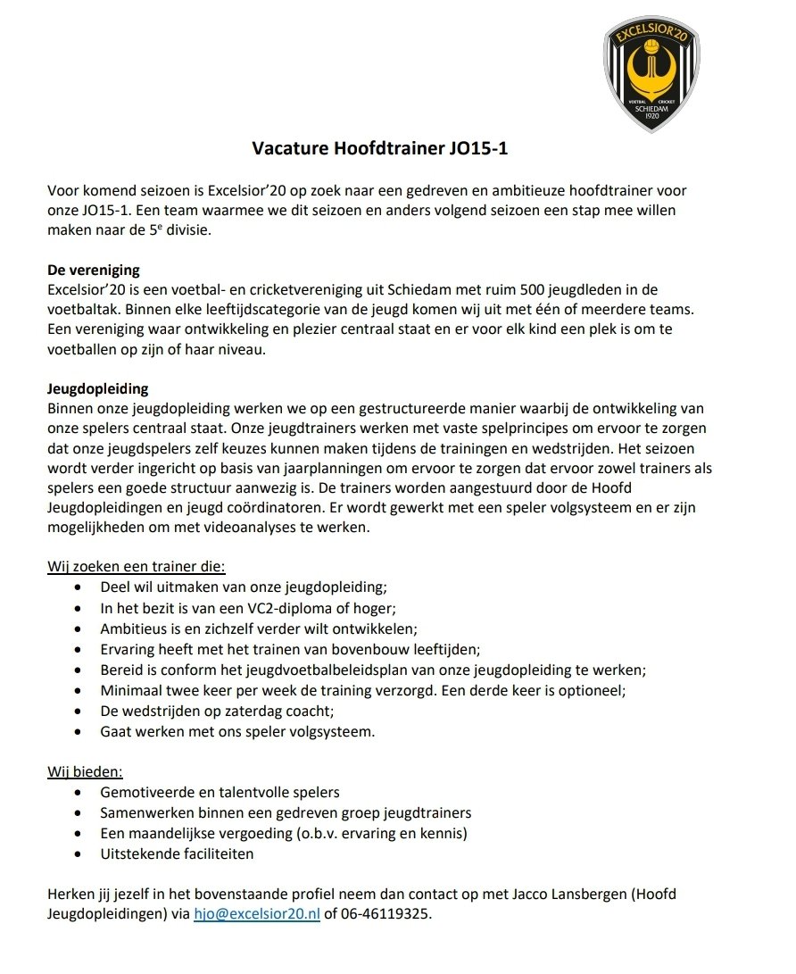 excelsior20's tweet photo. Vacatures!! 

Delen wordt gewaardeerd en reageren natuurlijk ook!

Voor komend seizoen zoekt Excelsior’20 een nieuwe hoofdtrainer voor de JO12, JO15 en JO17. Ben jij die enthousiaste en gemotiveerde trainer die met onze jonge talenten aan de slag wil gaan? #jeugdvoetbal #vacature https://t.co/XoR6YSczYE
