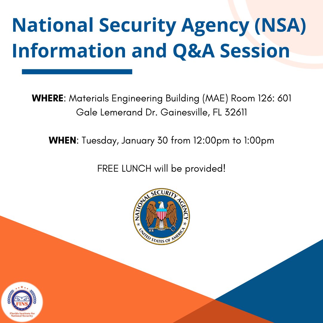 Join @fins_uf for a valuable opportunity to explore career roles in the #NSA and the broader #IntelligenceCommunity! Erinn Gales, Diversity Program Manager at the NSA, will provide all details at this insightful session. 
Secure your tickets here: eventbrite.com/e/national-sec…