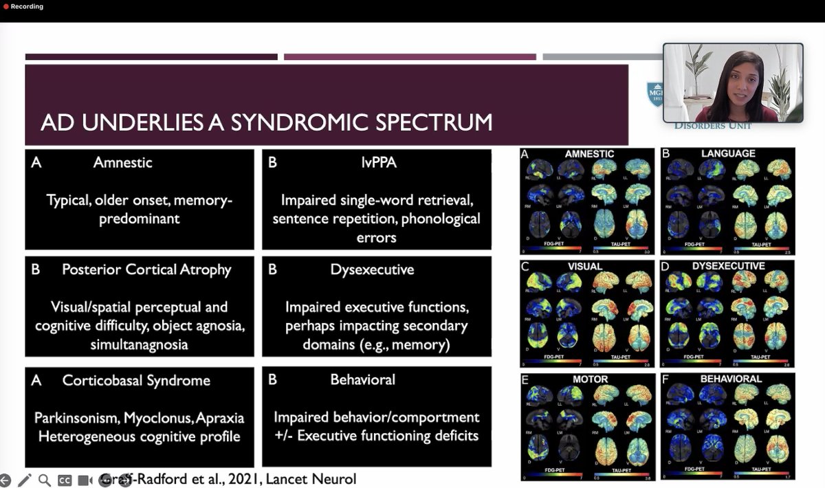 What a terrific Year in Review of studies on atypical variants of #Alzheimer's disease by Deepti Putcha! Organized by our @AtypicalPIA, with the great panelists @BaaylaB, @Rosaleena_M, @KeirYong & @Colin__Groot.