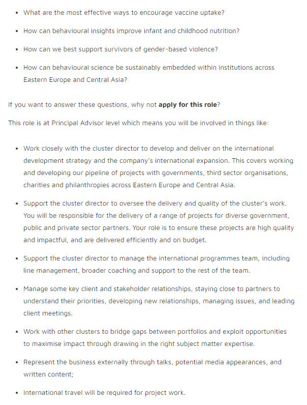✨Work with me (and other excellent colleagues at <a href="/B_I_Team/">The Behavioural Insights Team</a>) ✨

➡️ Principal Advisor role
💵 £71k - £89k
🎯 Public policy in Eastern Europe and Central Asia
🌎 Located in London/Manchester, but plenty of intl. travel 

DMs are open for questions 🔷

app.beapplied.com/apply/pajzauae…