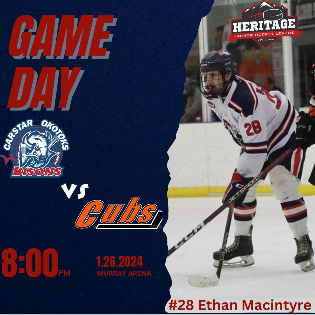 OkotoksBisons's tweet photo. ITS BISONS HOME GAME DAY! We’re back at home for a while and tonight we kick off our homestead vs the @medicinehat_cubs! Puck drop 8:00pm make sure to come out and get loud for the fellas! #bisonswagon #feartheherd https://t.co/i4COVEzmjR