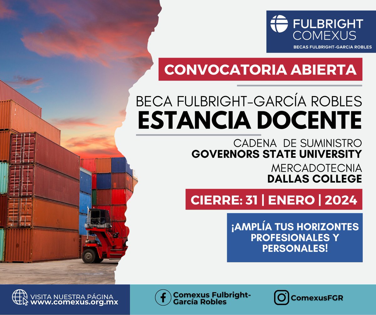 ¡No olvides que faltan sólo 5 días para el cierre de estas convocatorias! Manda tu solicitud ahora mismo para poder participar en una estancia docente o impartir cursos sobre México en universidades de Estados Unidos 🇺🇸 Más información aquí: comexus.org.mx