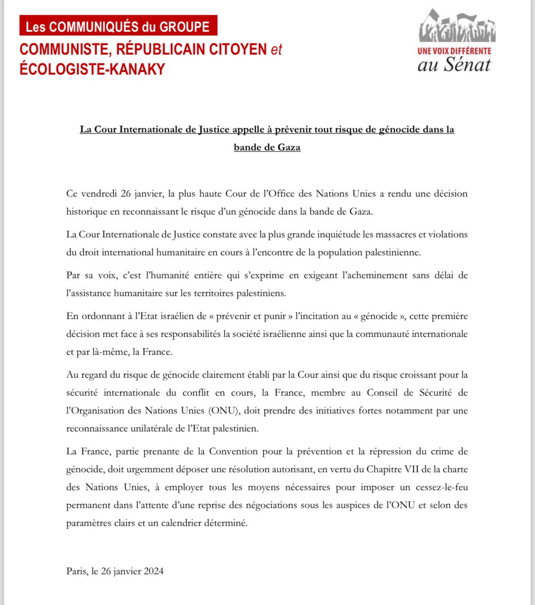 La Cour Internationale de justice appelle à prévenir tout risque de génocide dans la bande de Gaza. La France doit désormais tenir pleinement son rôle pour imposer un cessez-le-feu et reconnaître l’État palestinien. Le CP des ⁦<a href="/senateursCRCE/">Sénateurs CRCE-K</a>⁩ ↩️ #CIJ